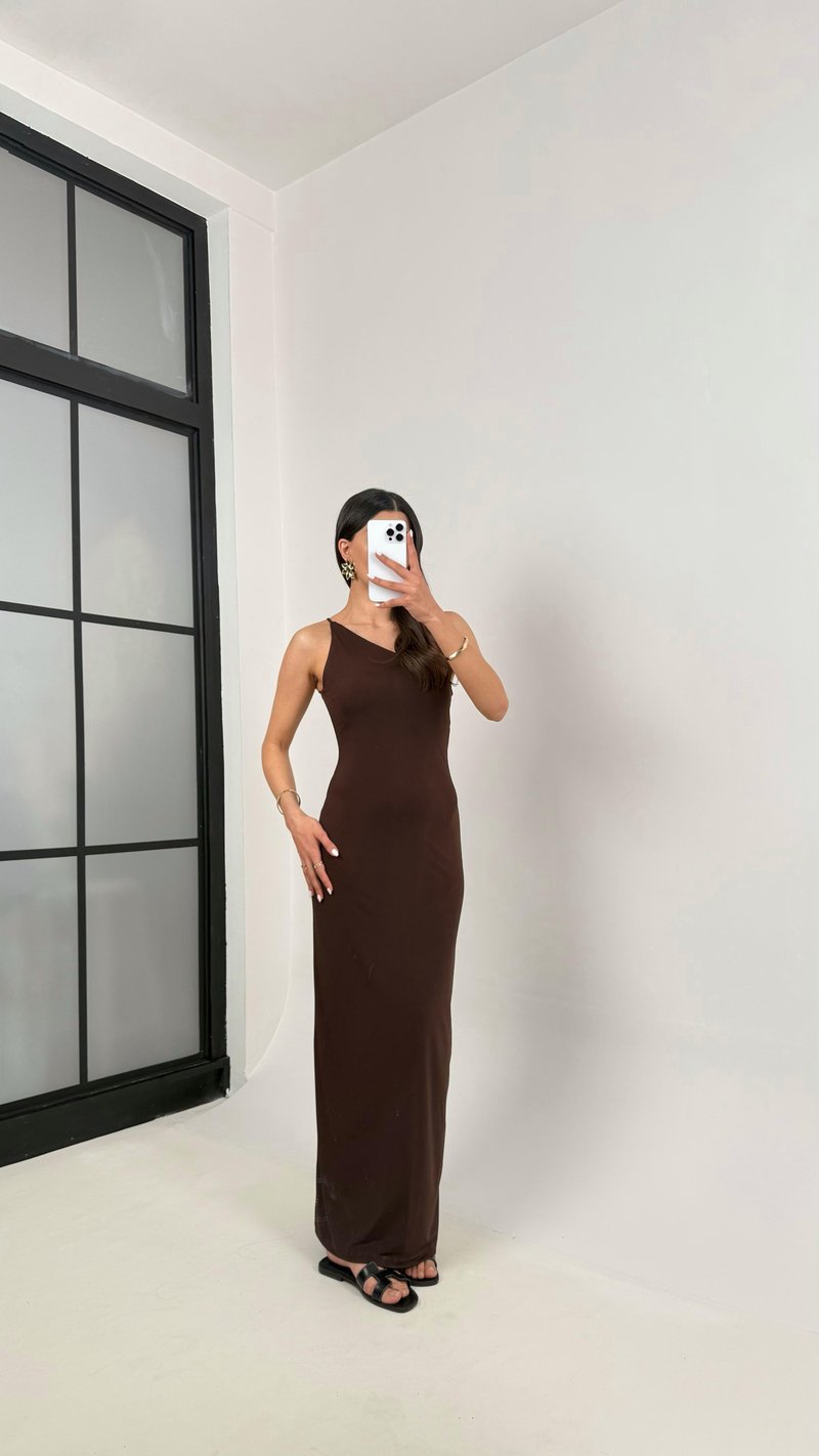 Kahve Tek Askılı Yırtmaçlı Astarlı Sandy Kumaş Elbise Gaus00348