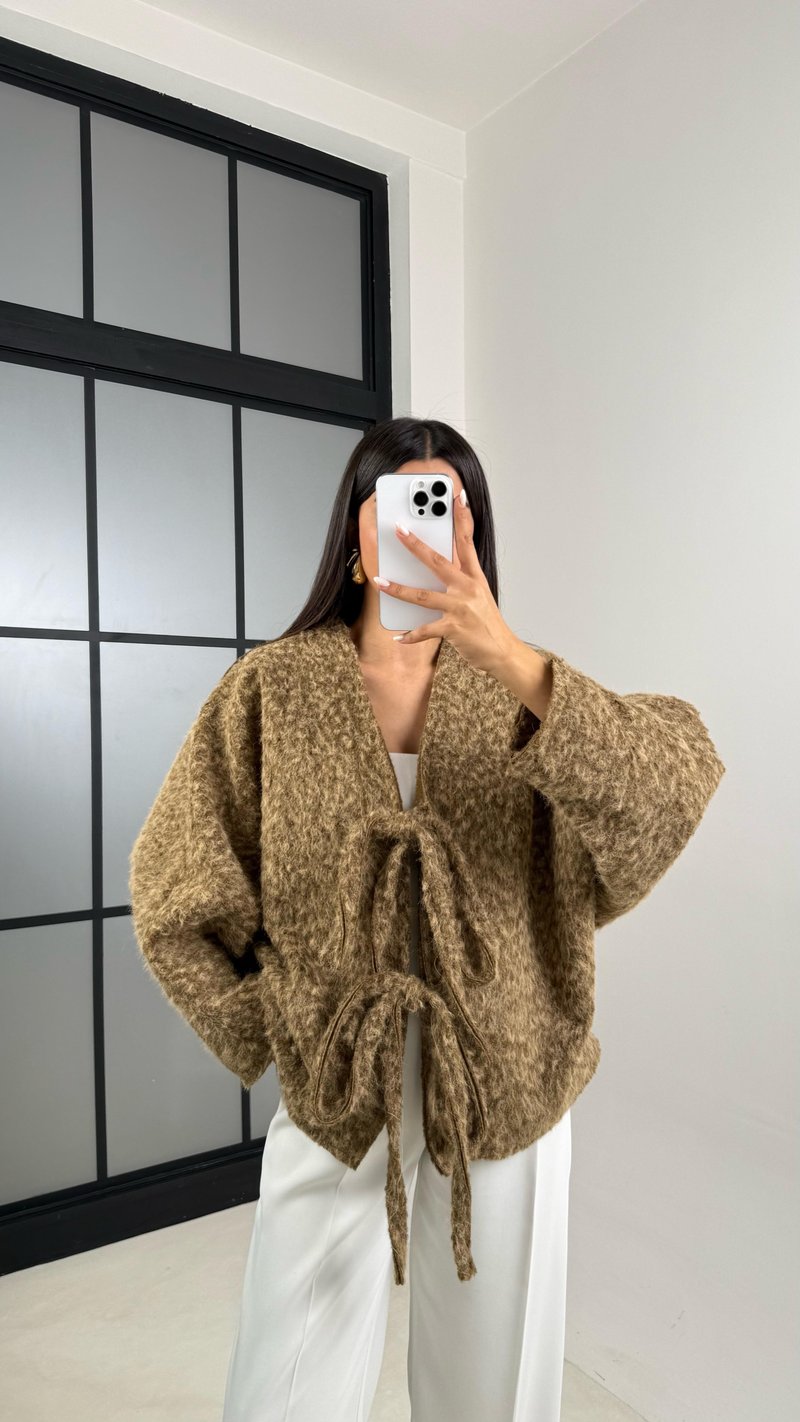 Kahve Kırçıllı Astarlı Önden Bağlamalı Premium Ceket GAUS-00512