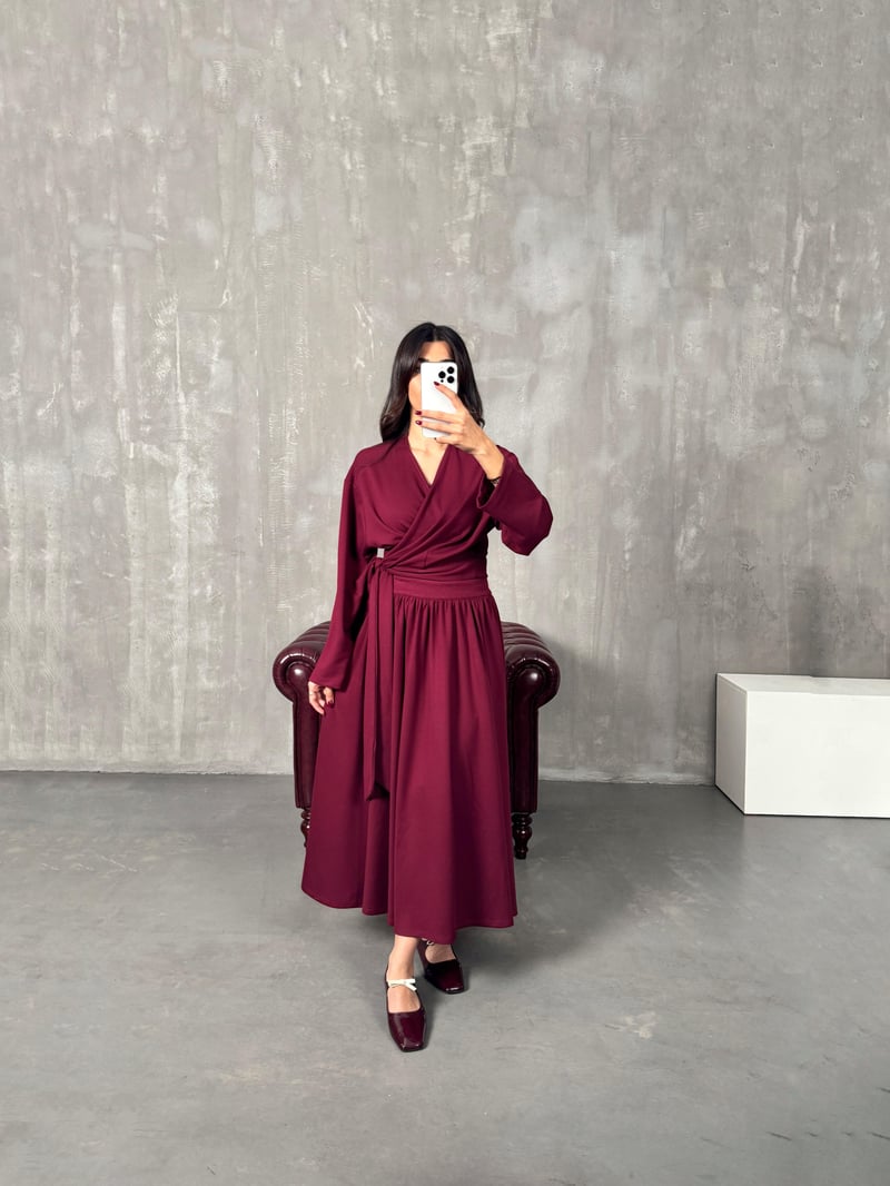 Vera Bordo Bağlamalı Bluz Etek Modal Takım