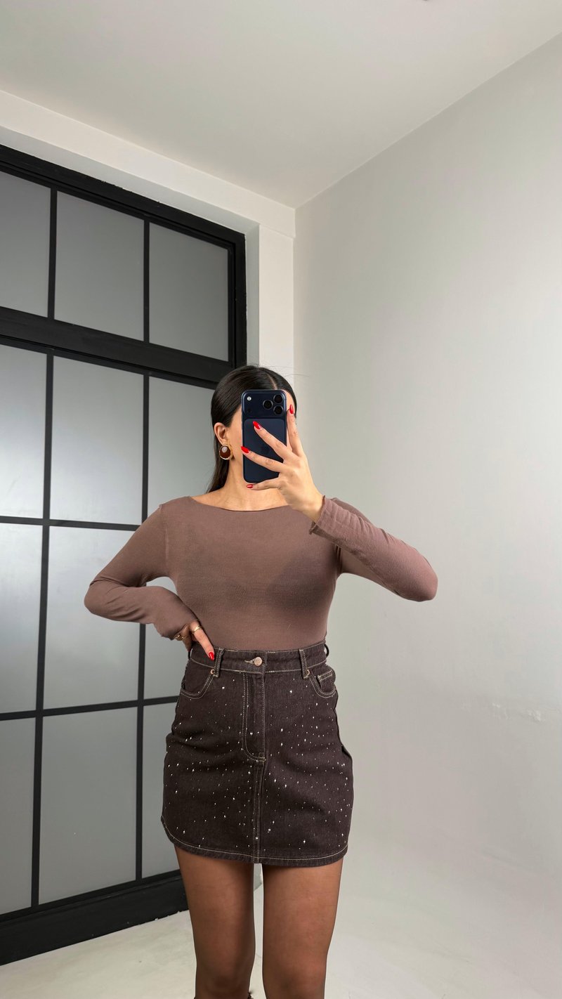 Kahve Taşlı Mini Denim Etek GAUS-01041