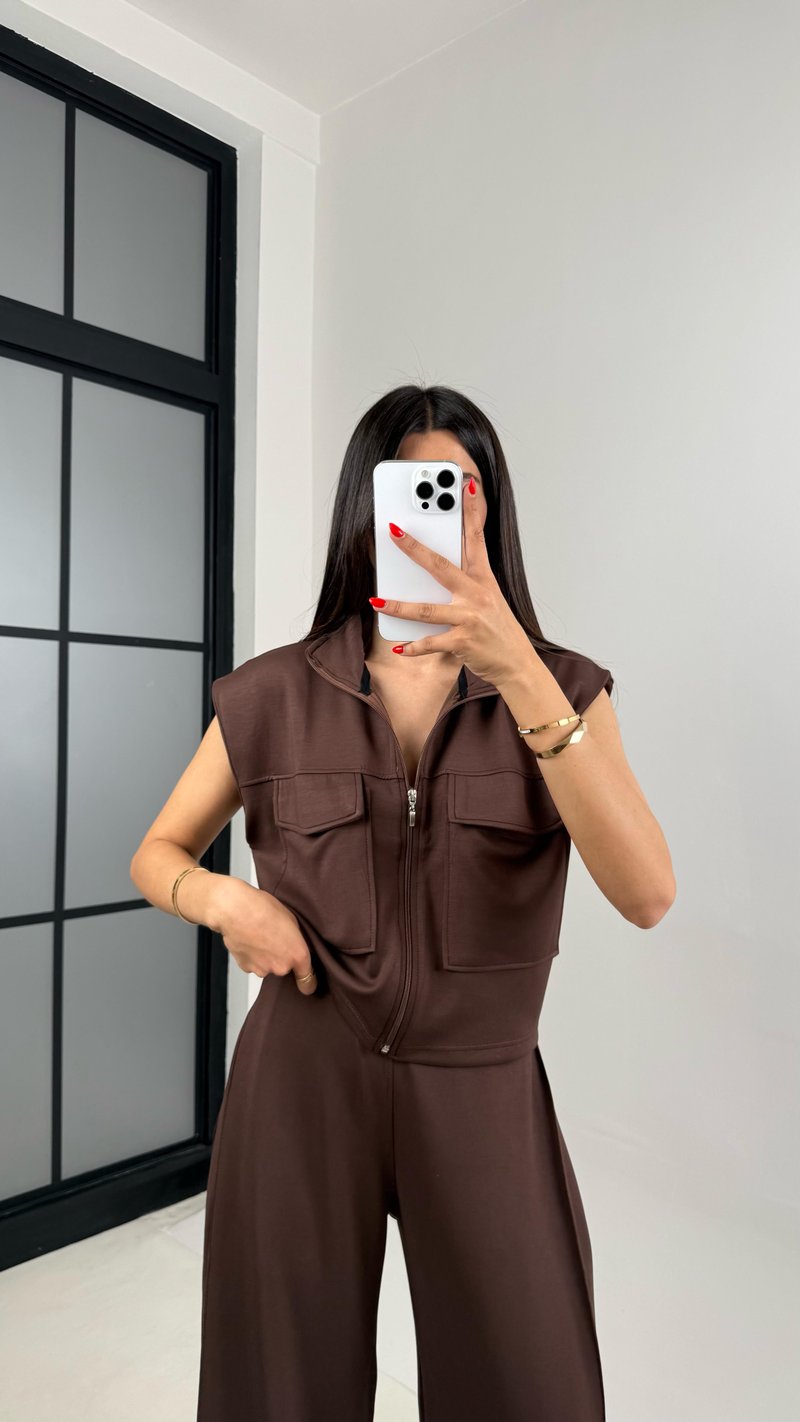 Acı Kahve Cepli Yelek Beli Lastikli Pantolon Modal Eşofman Takım Gaus00523