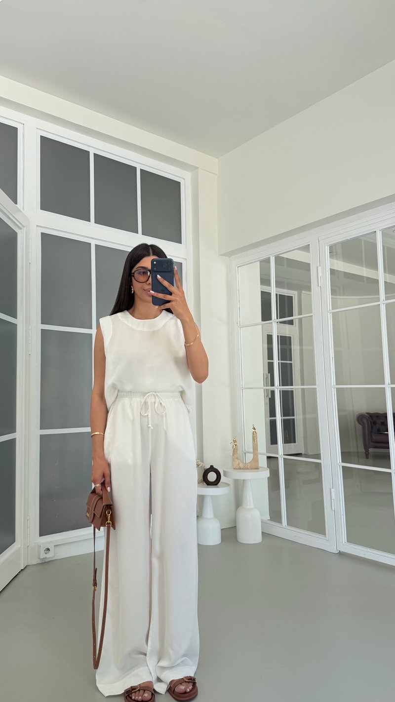 Ekru Bluz Beli Lastikli Pantolon Yıkamalı Tencel Takım GAUS-01795