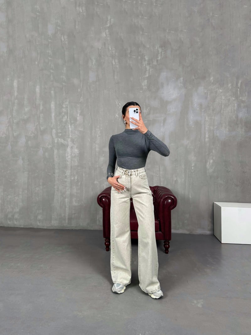 Hector Yıkamalı Bej Wide Leg Jean