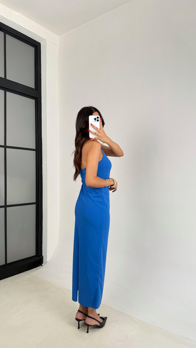 Mavi Boyundan Bağlamalı Yırtmaç Detaylı Likralı Elbise GAUS-0054