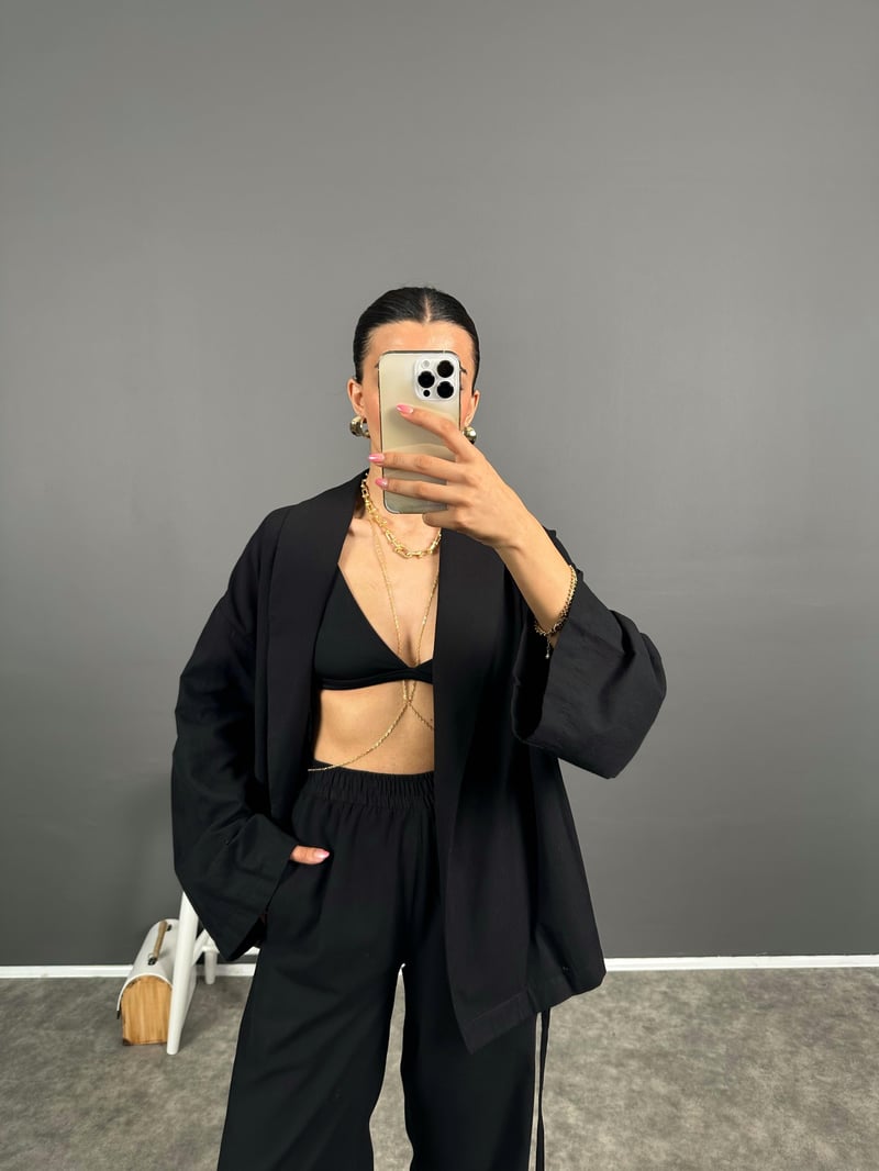Guta Siyah Keten Karışımlı Yarım Astarlı Pantolon Kimono İkili Takım