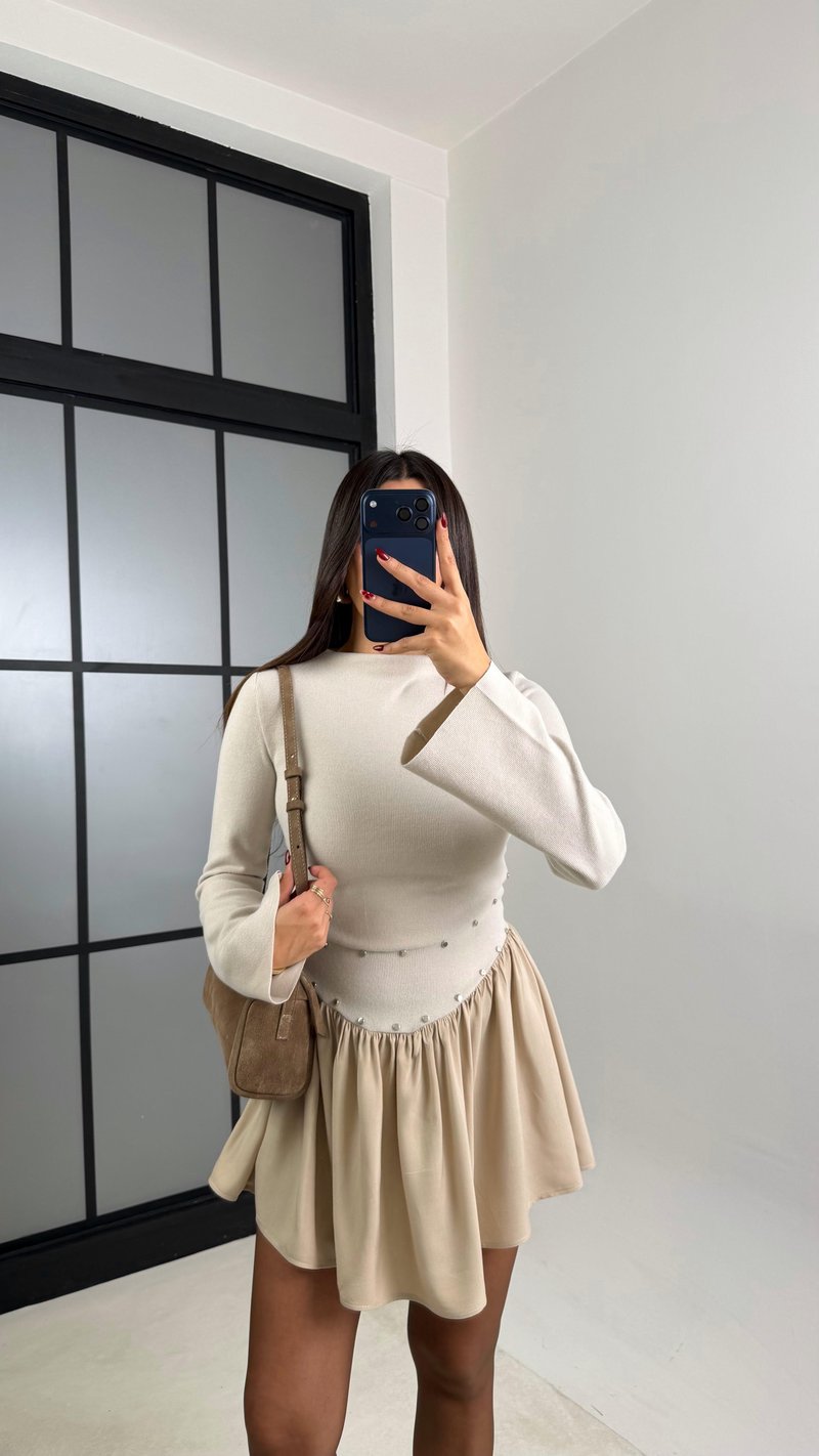 Bej Zımba Detaylı Pileli Elbise GAUS-00734