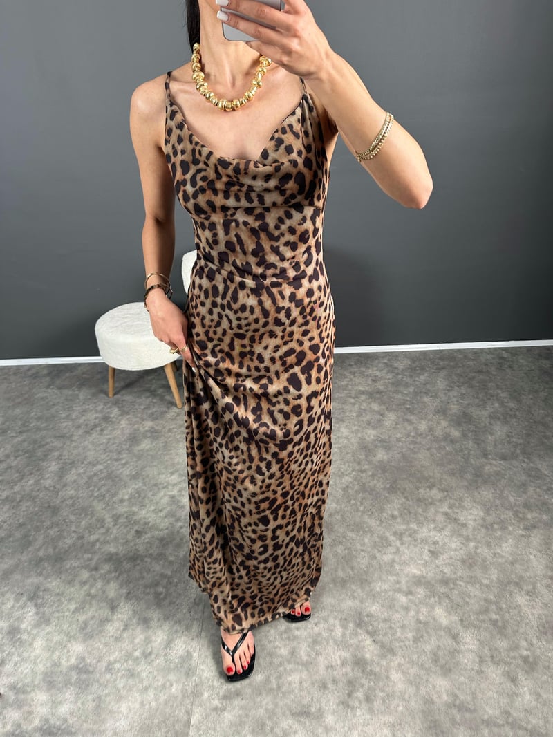 Pinterest Leoparlı Astarlı Askılı Uzun Elbise 
