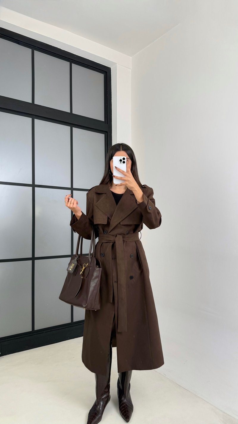 Acı Kahve Astarlı Kuşaklı Süet Trençkot GAUS-00228