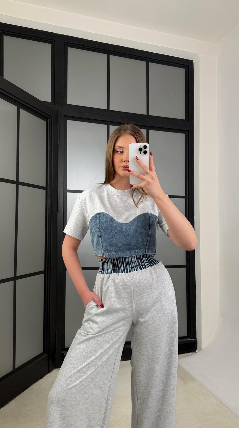 Gri Denim Detaylı Crop Beli Lastikli Pantolon Premium Takım GAUS-01273