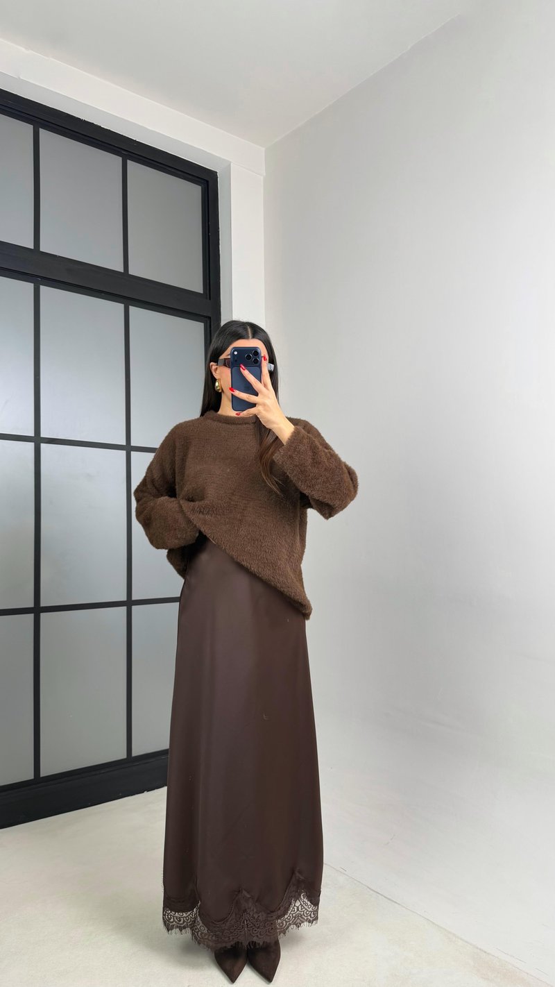 Kahve Dantel Detaylı Saten Etek GAUS-00999