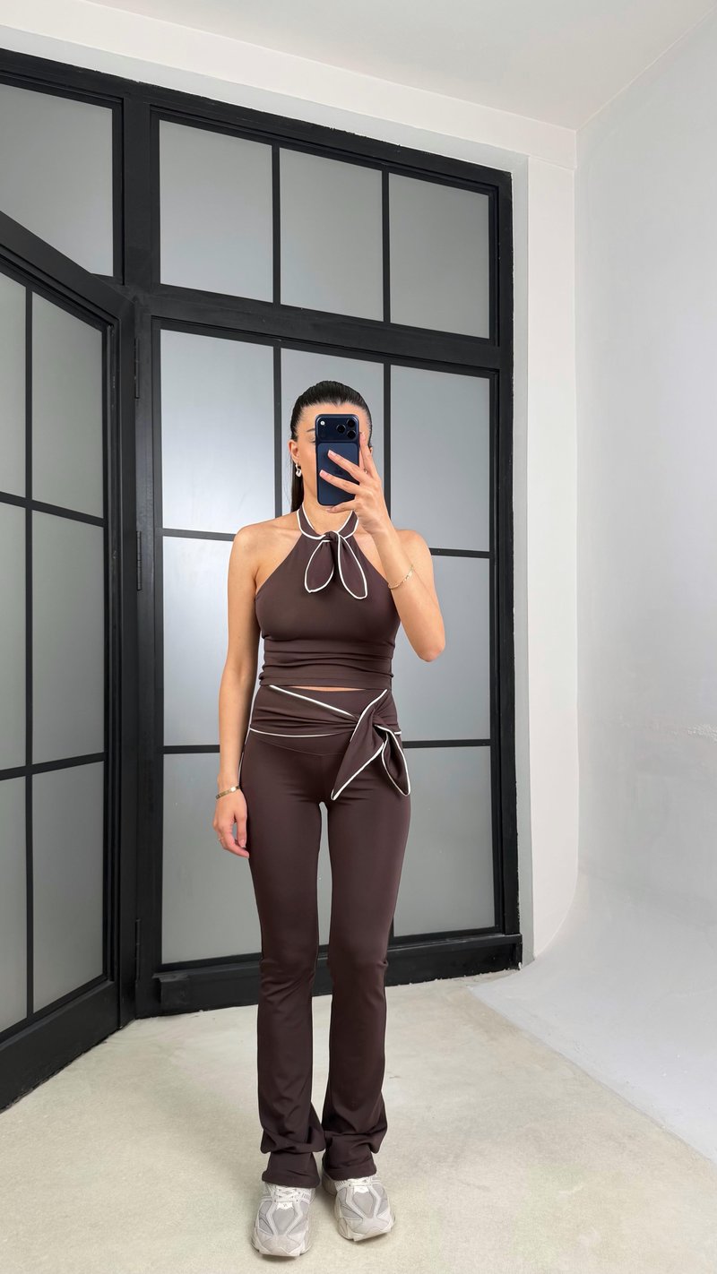 Acı Kahve OYS Model Fiyonk Detaylı Crop Tayt Takım GAUS-01407