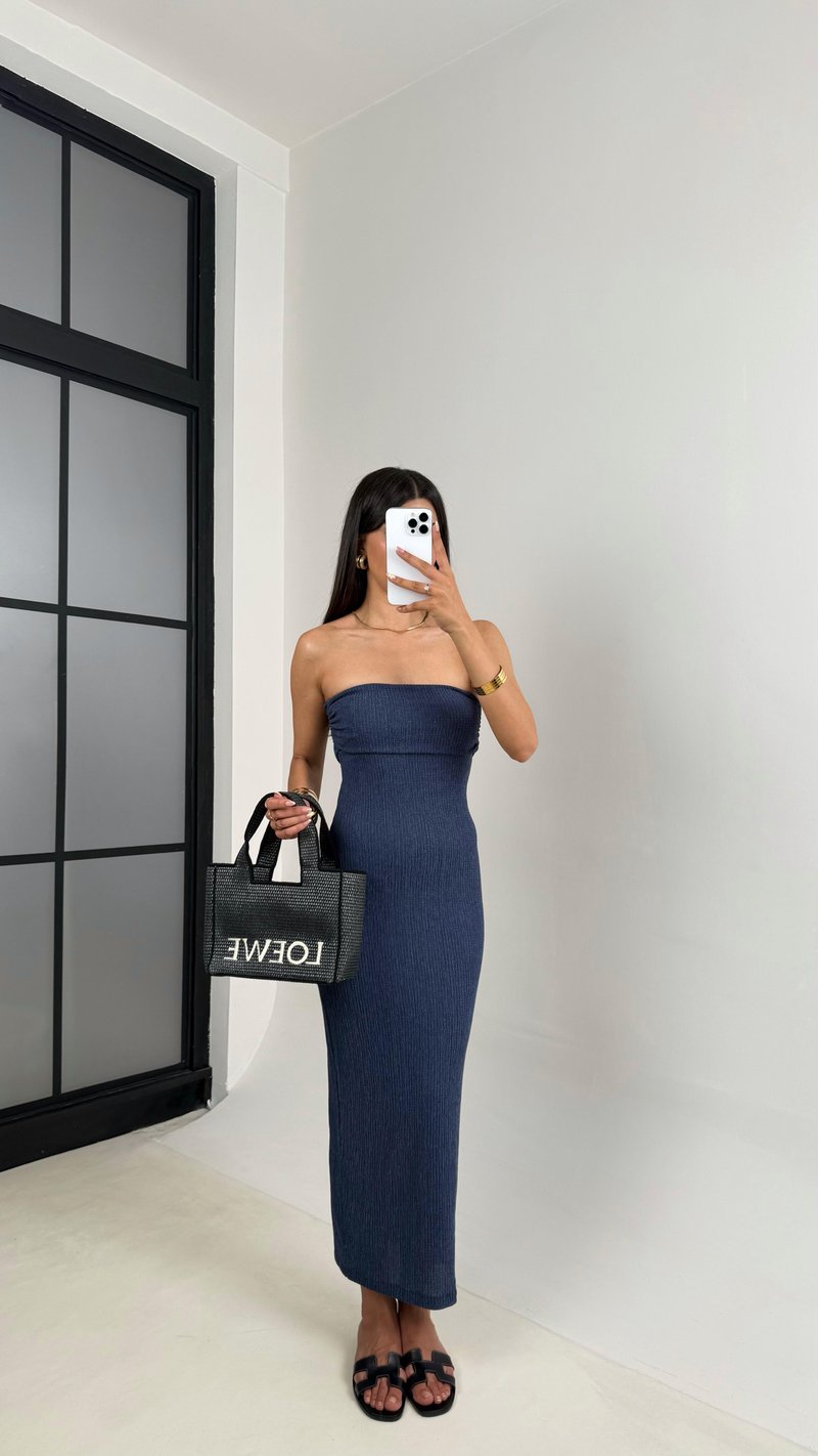 Mavi Straplez Yırtmaçlı Bürümcük Elbise Gaus00645