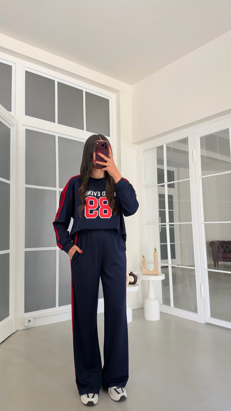 Lacivert Şeritli Baskılı Sweatshirt Beli Lastikli Pantolon İkili Takım GAUS-02235