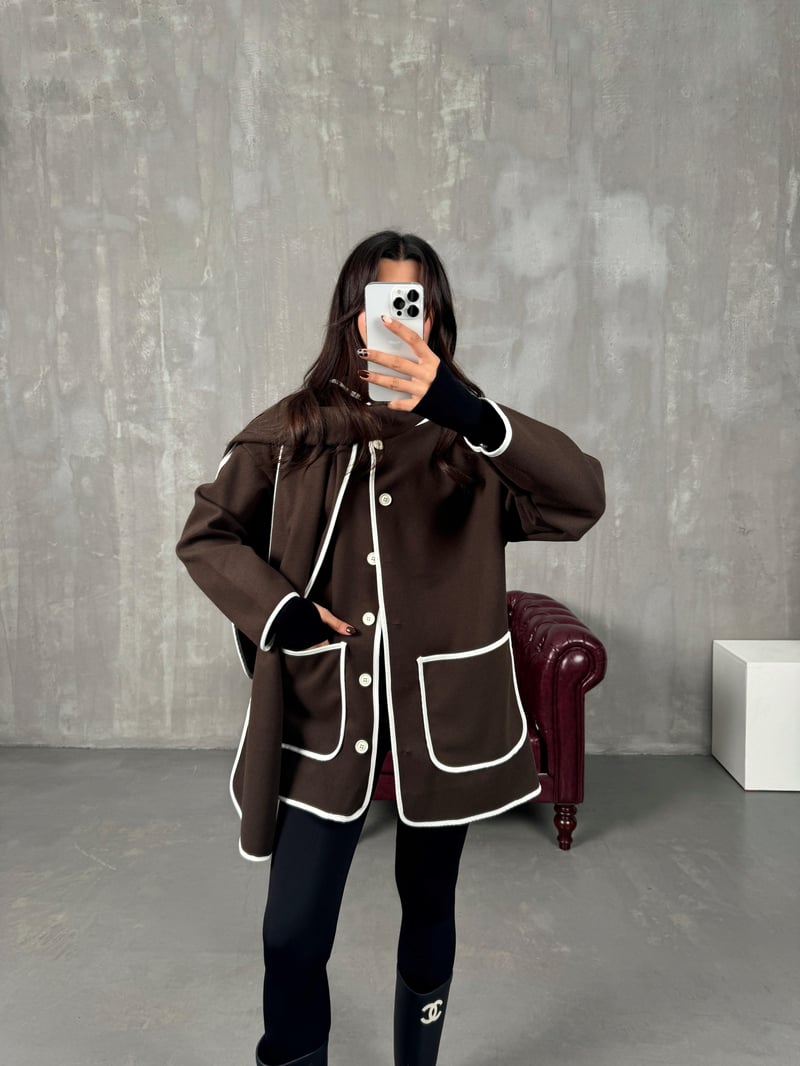Tate Acı Kahve Beyaz Şeritli Atkı Detaylı Tasarım Kaşe Ceket