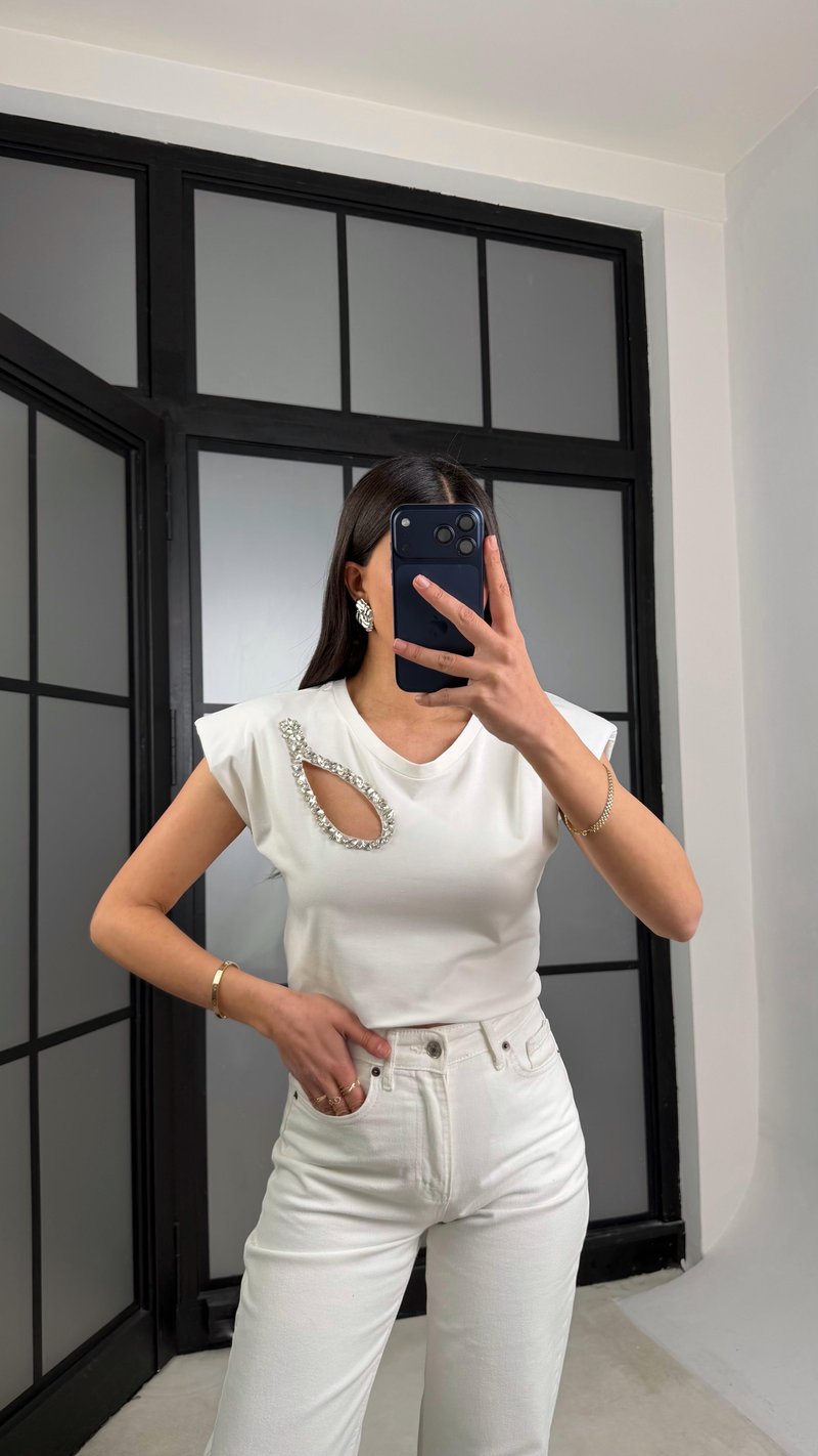 Ekru Vatkalı Taş Detaylı Muadil Bluz GAUS-01282