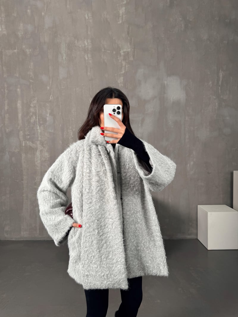 İrina Gri Kırçıllı Atkı Detaylı Astarlı Ceket