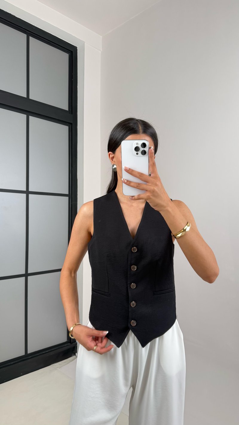 Siyah Astarlı Kırışık Kumaş Yelek Gaus00539