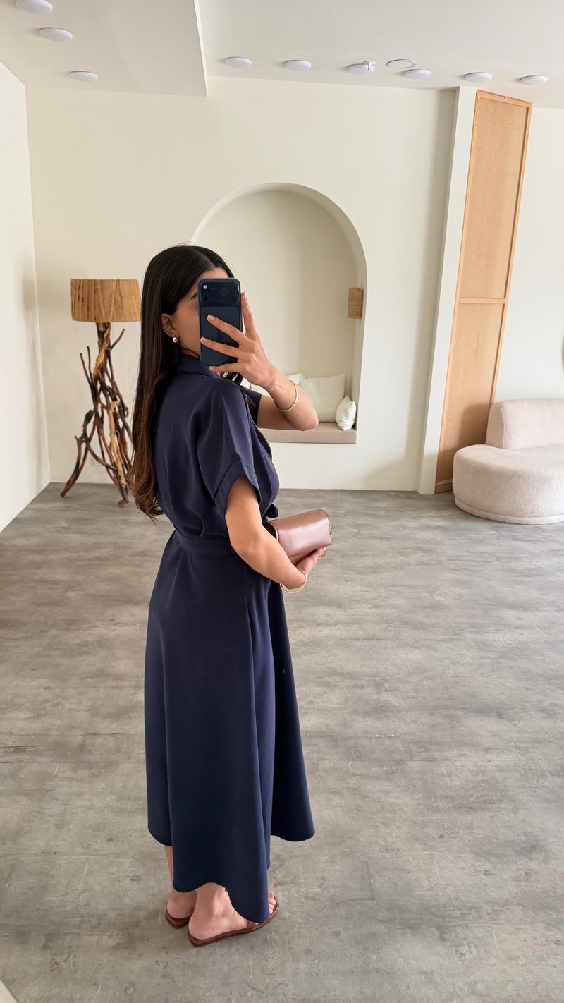 Lacivert Polo Yaka Kuşaklı Tencel Kumaş Elbise GAUS-01429