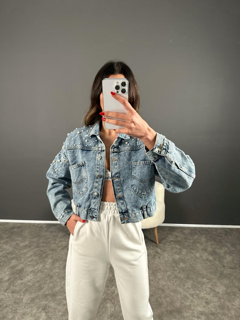Tasarım İncili Denim Ceket 