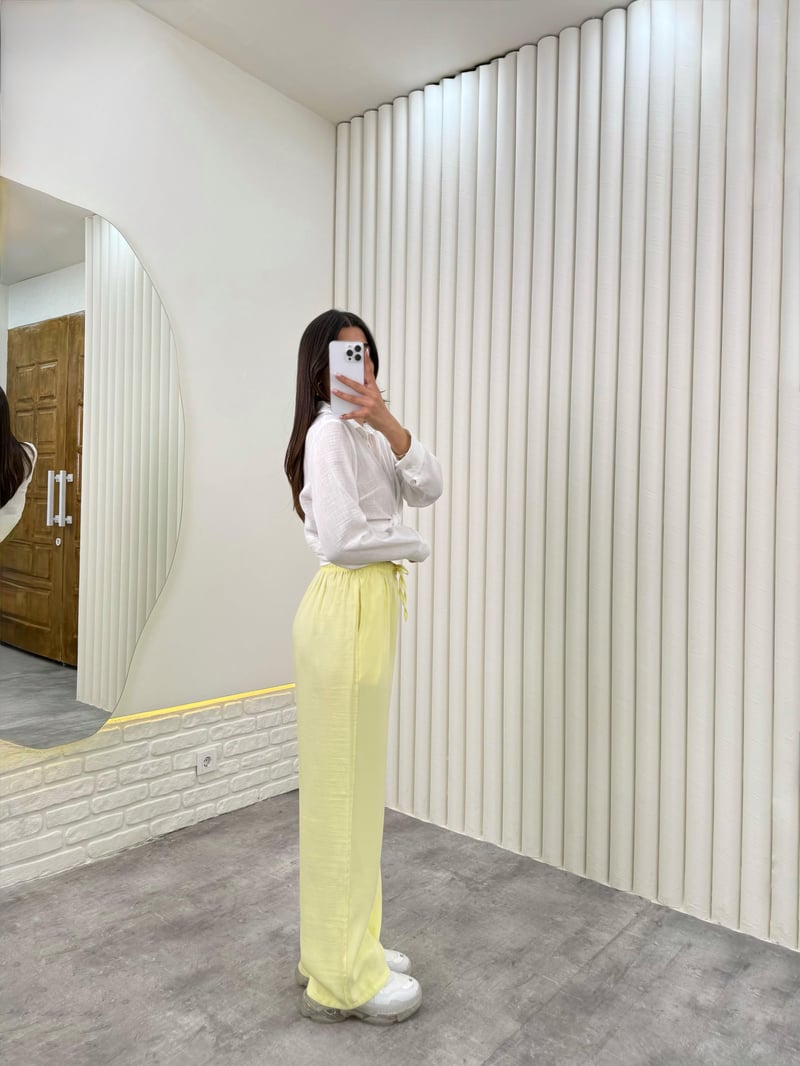 Sarı Beli Lastikli Cepli Tensel Pantolon Gaus00314