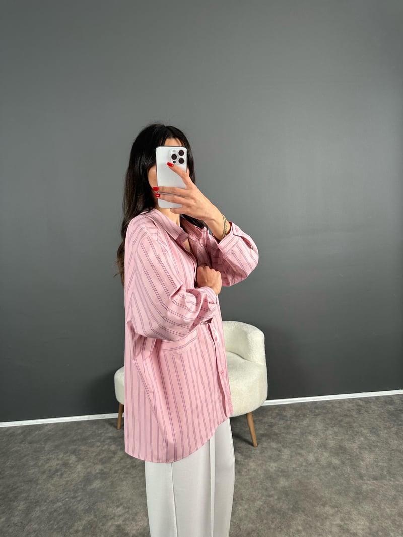 Megass Pembe Çizgili Oversize Gömlek 
