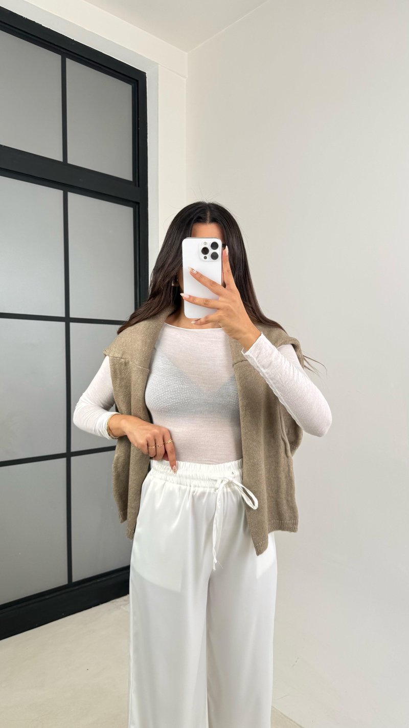 Beyaz Beli Lastikli Cepli Saten Pantolon GAUS-0090