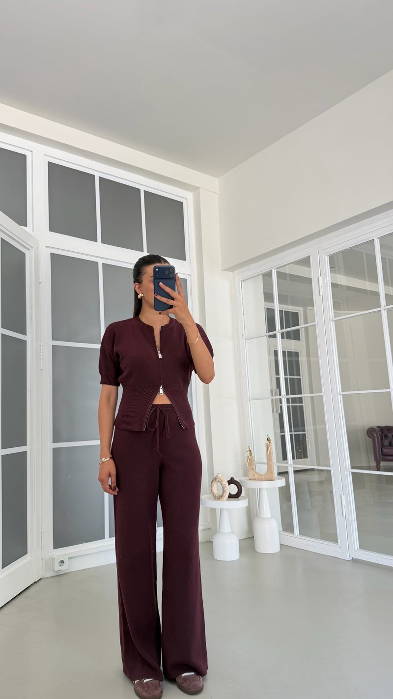 Mürdüm Çift Fermuarlı Bluz Beli Lastikli Pantolon İkili Triko Takım GAUS-01902