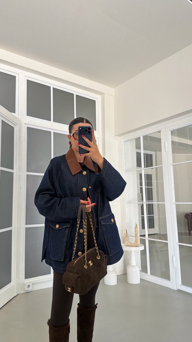 Lacivert Kadife Yaka Ekose Astarlı Denim Premium Ceket GAUS-01888