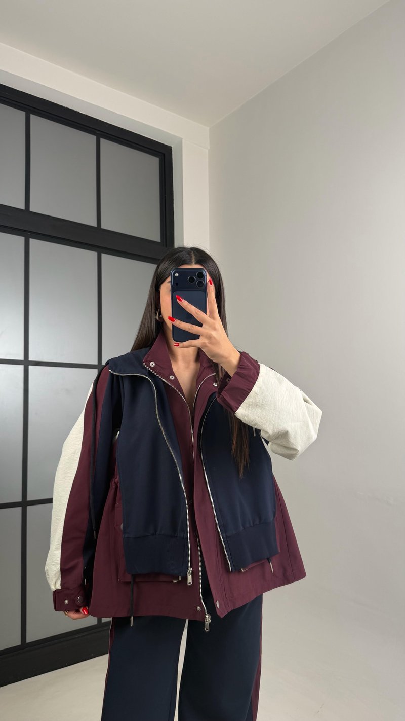 Bordo Garnili Ceket Beli Lastikli Pantolon İkili Tasarım Takım Gaus-00699 Gaus-01024