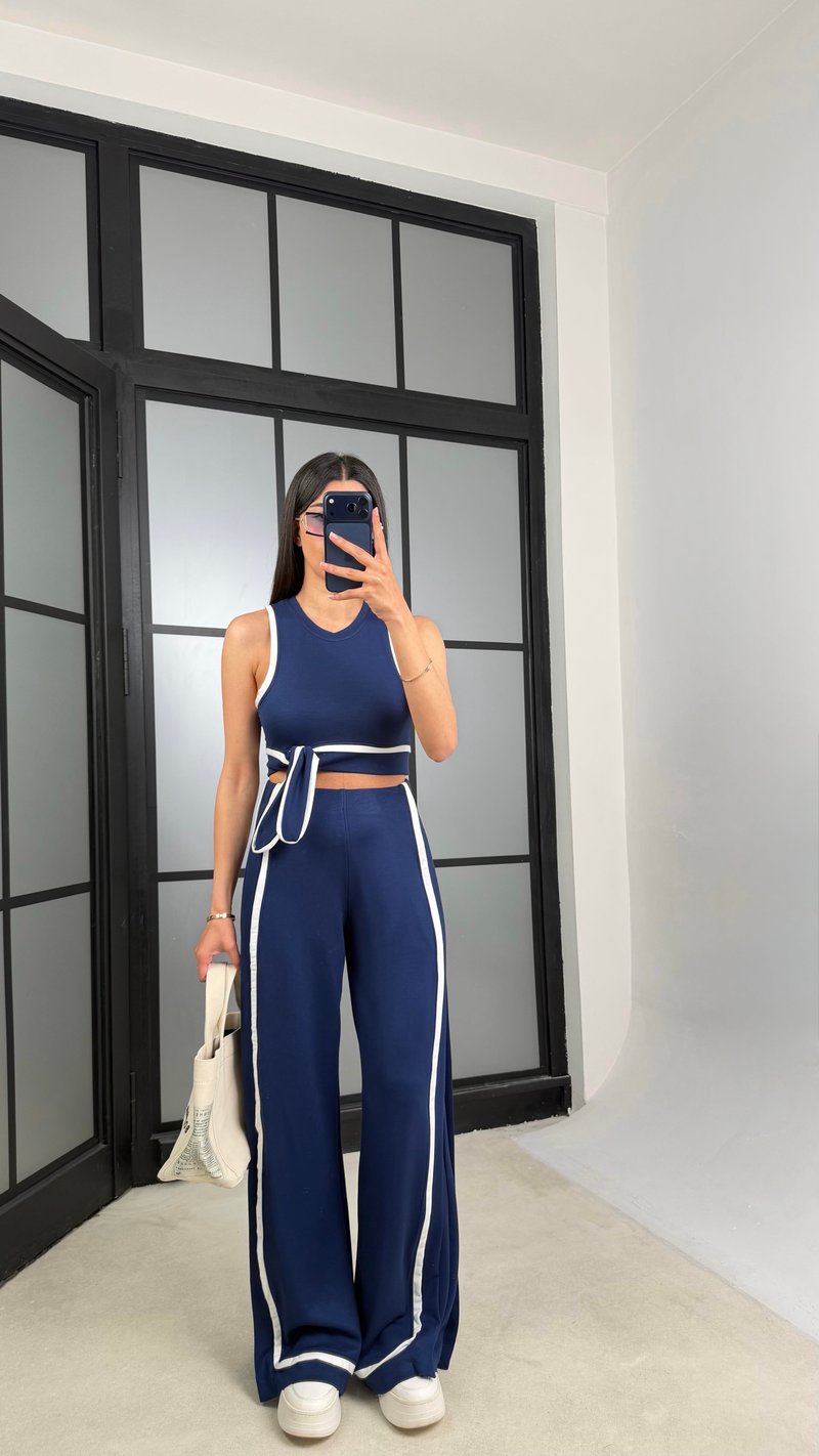 Lacivert Bağlama Detaylı Bluz Beli Lastikli Pantolon Biyeli Modal Takım GAUS-01473