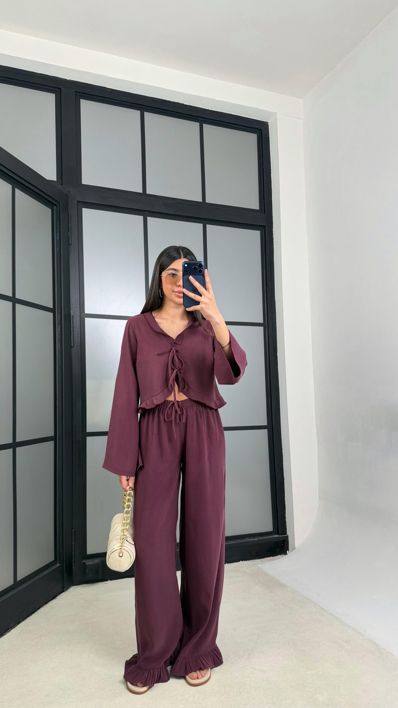 Mürdüm Önden Bağlamalı Gömlek Beli Lastikli Pantolon İkili Tencel Takım GAUS-01336