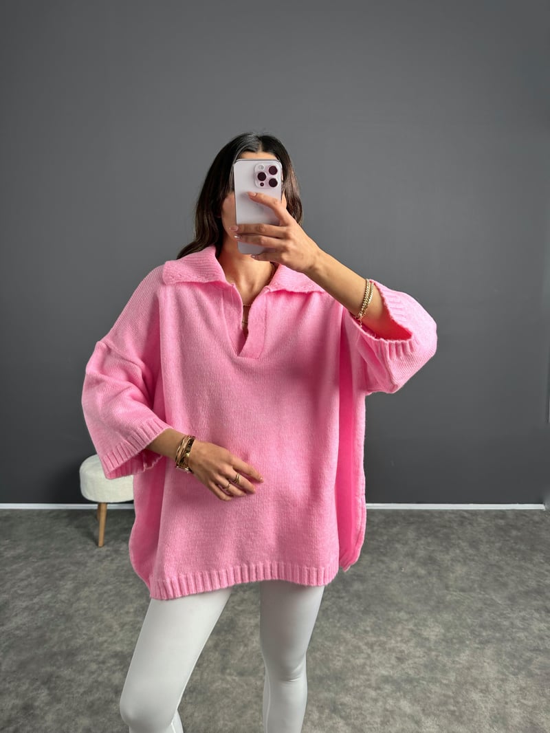 Doi Pembe Polo Yaka Triko Oversize Kazak