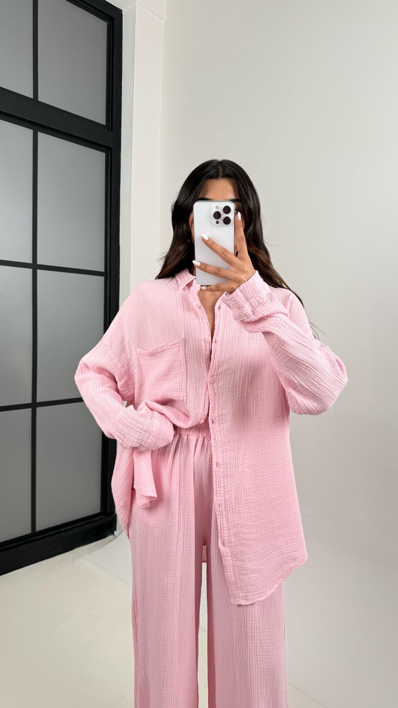 Pembe Önü Düğmeli Cepli Gömlek Beli Lastikli Pantolon Müslin Takım MSLN01 Gaus00385