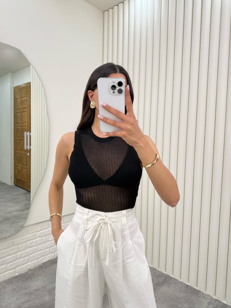 Siyah Sıfır Kol Transparan Triko Bluz Gaus00295