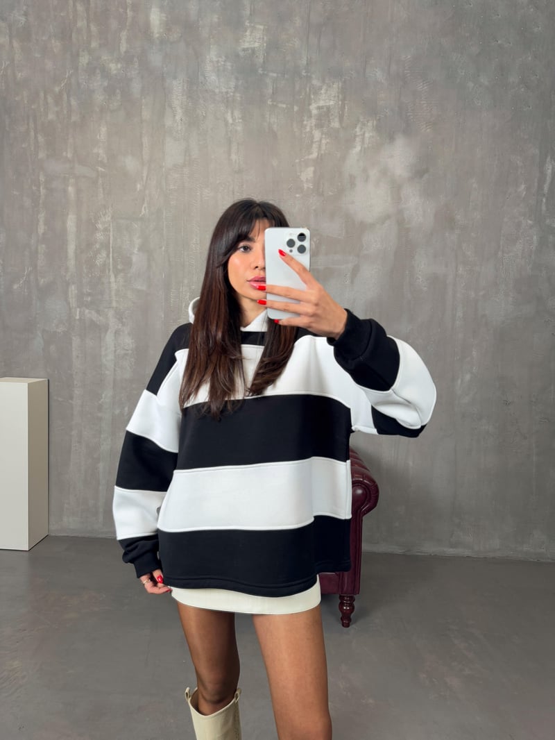 Nicol Siyah Beyaz Çizgili ZR Model Sweatshirt