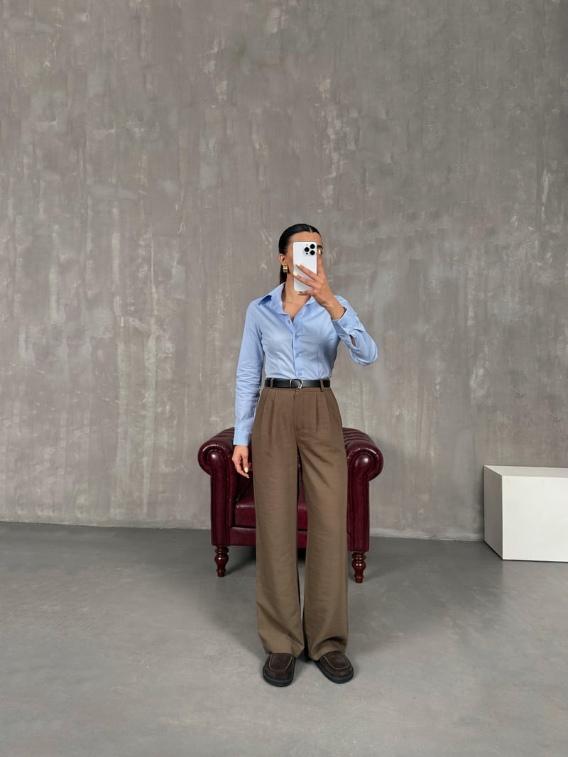 Brown Belted Imported Fabric Palazzo Pants Gaus00090
