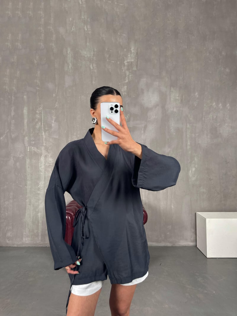 Antrasit Önden Bağlamalı Tensel Kimono Gaus00240