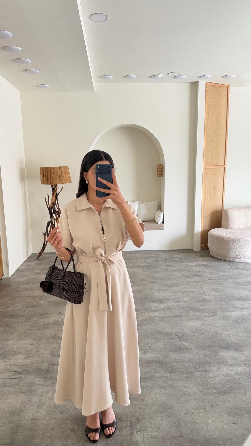Taş Polo Yaka Kuşaklı Tencel Kumaş Elbise GAUS-01429