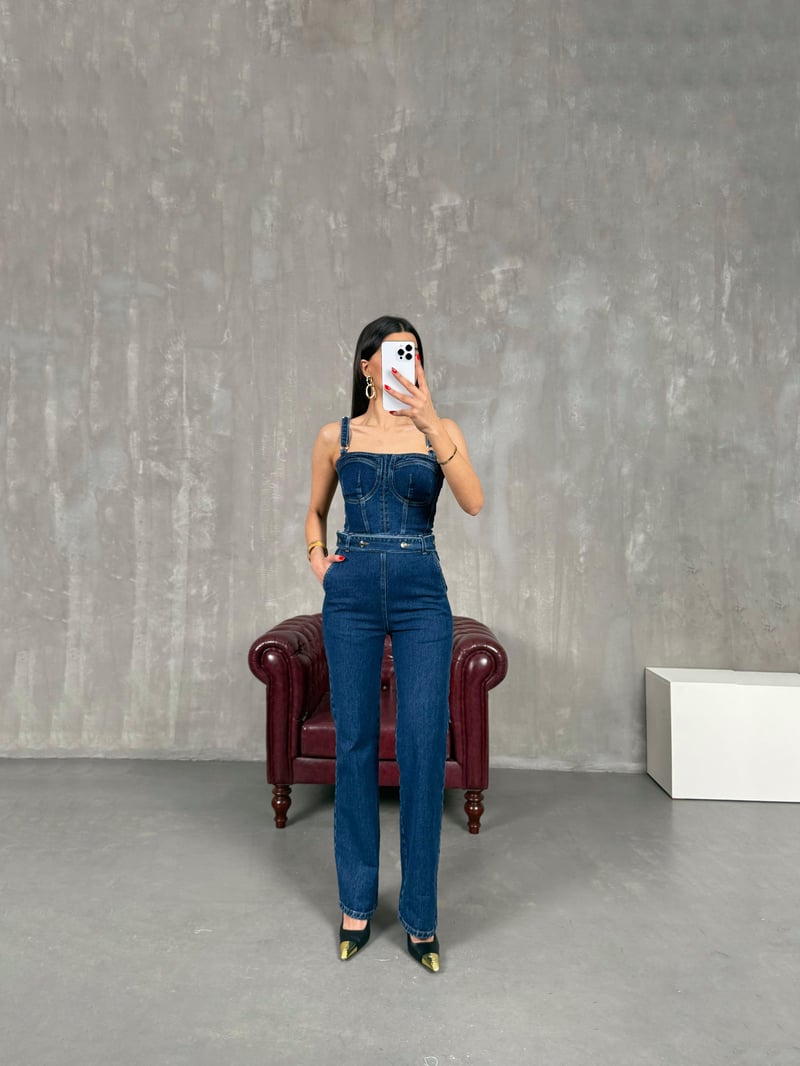 Mavi Kemer Detaylı Ayarlanabilir Askılı Fermuarlı Denim Tulum Gaus00163