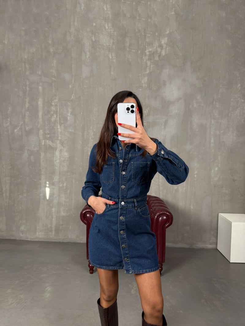 Renita Koyu Mavi Denim Düğmeli Jean Elbise