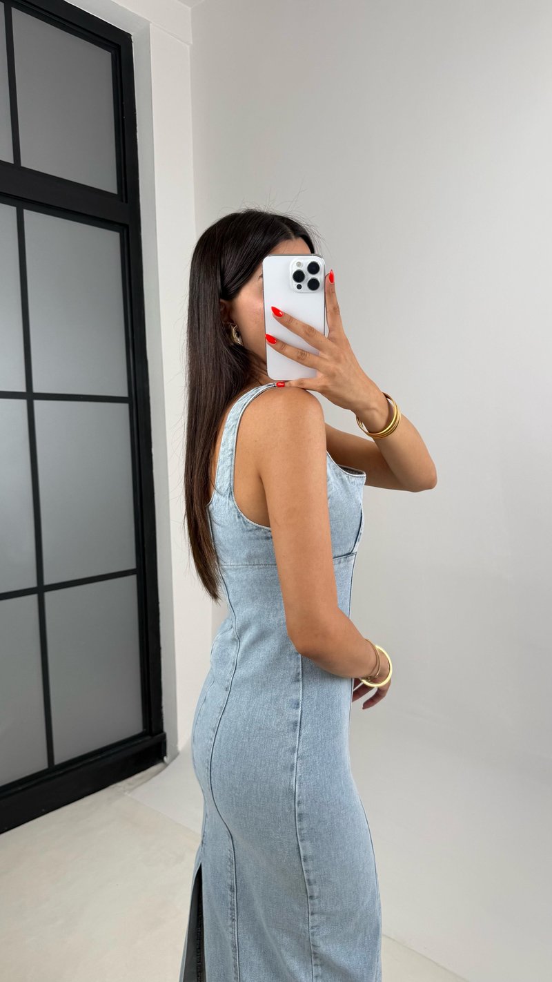Buz Mavisi Yırtmaç Detaylı Denim Elbise Gaus00693