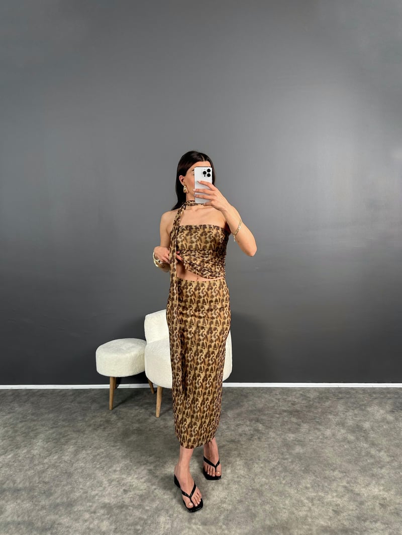 Zr Model Leoparlı Bluz Etek Takım 