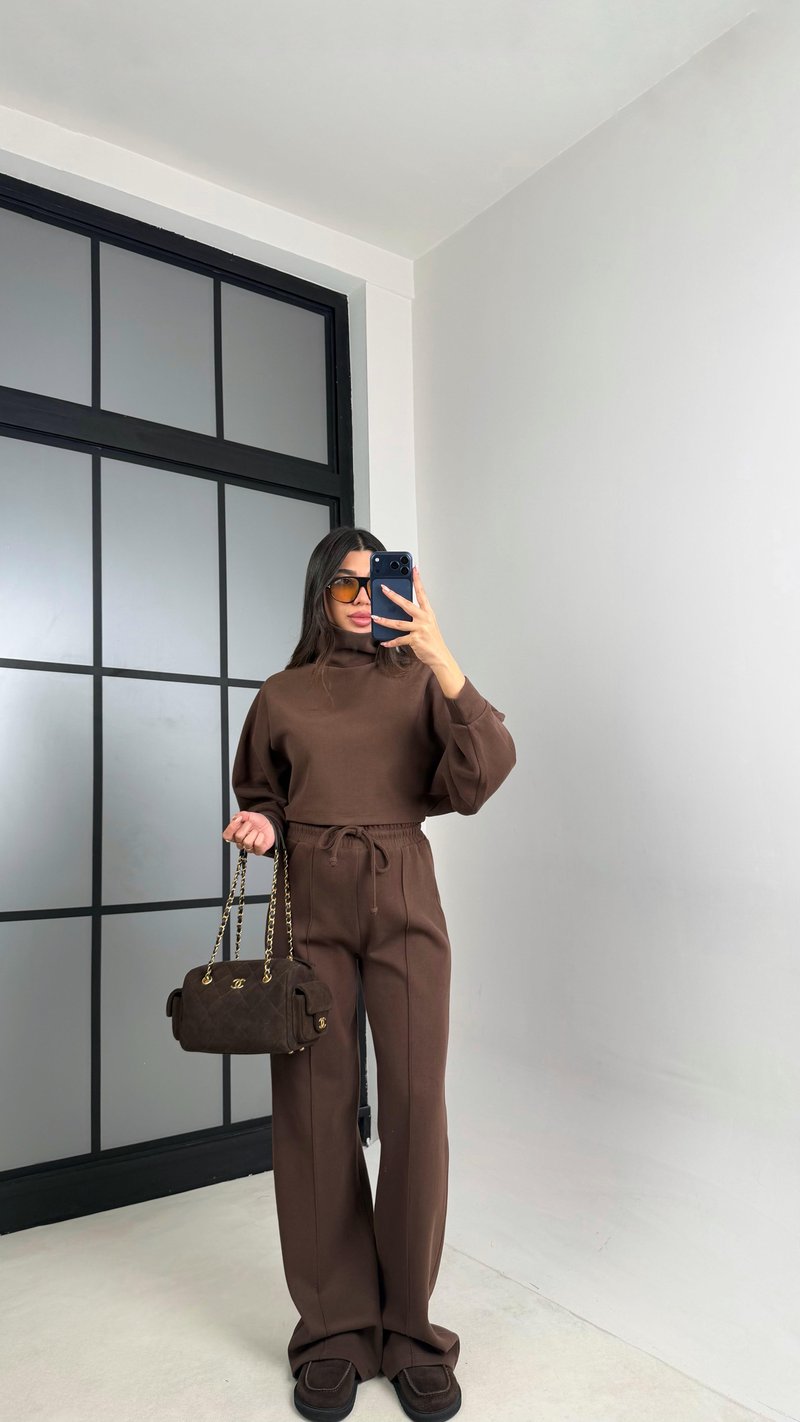 Kahve Balıkçı Yaka Kazak Beli Lastikli Pantolon Premium Takım GAUS-00898