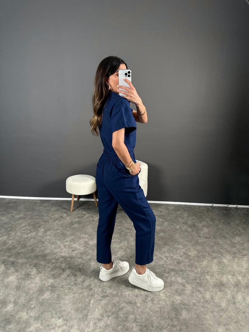 Holi Lacivert Arkası Lastikli Premium Keten Tulum