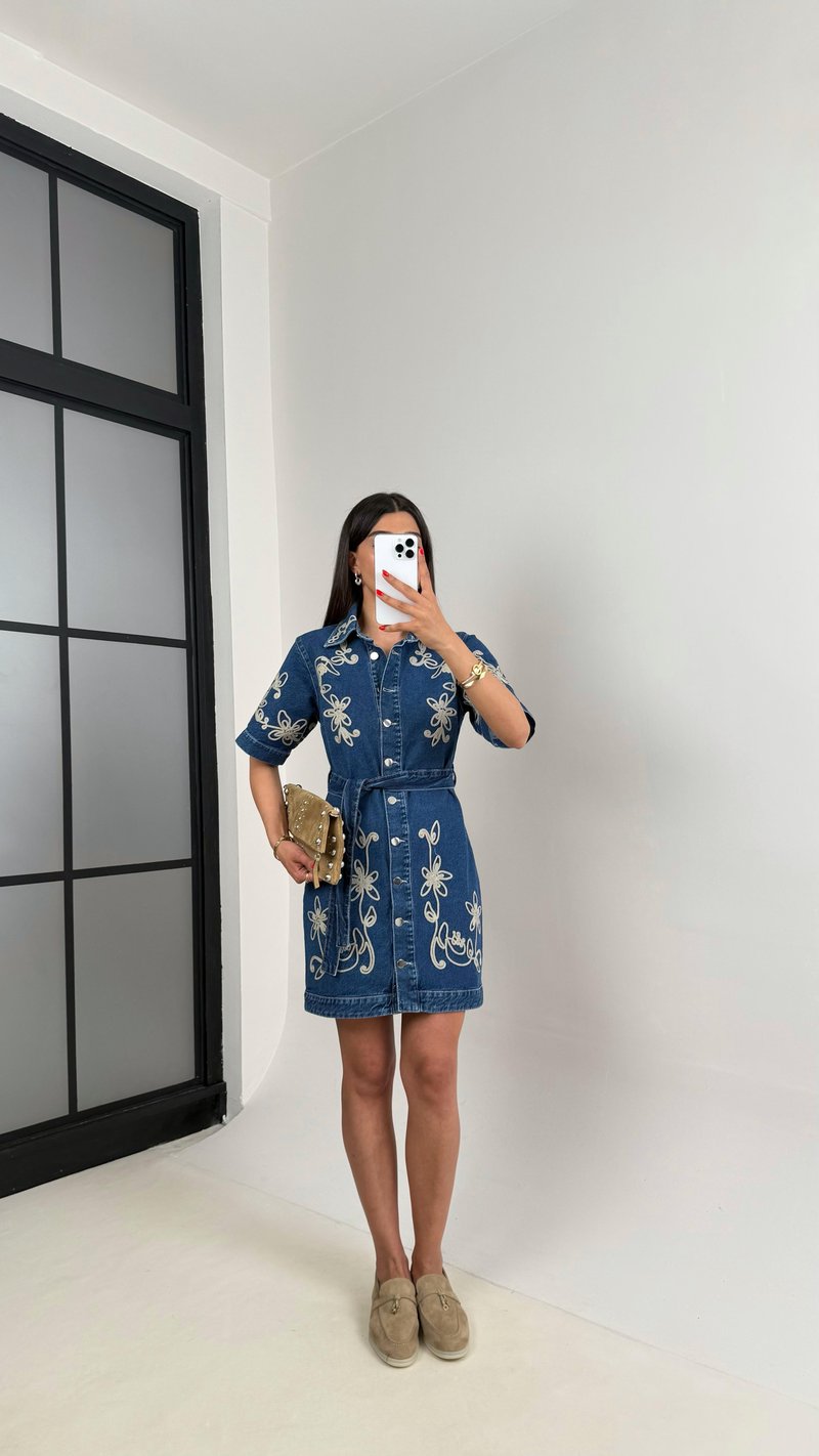 Lacivert Nakışlı Kuşaklı Tasarım Denim Elbise Gaus00470