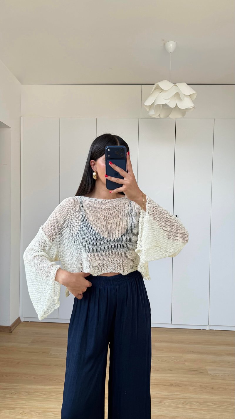 Ekru Simli Parlak Crop Bluz GAUS-01595
