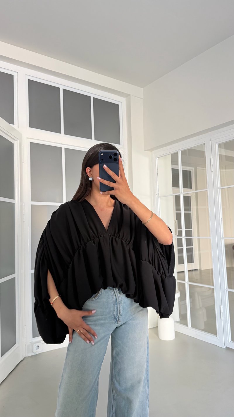 Siyah Drapeli Oversize Bluz GAUS-01767