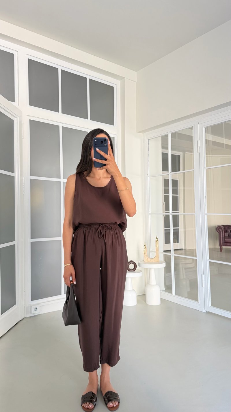 Kahve Bluz Beli Lastikli Pantolon İkili Tencel Takım GAUS-01769