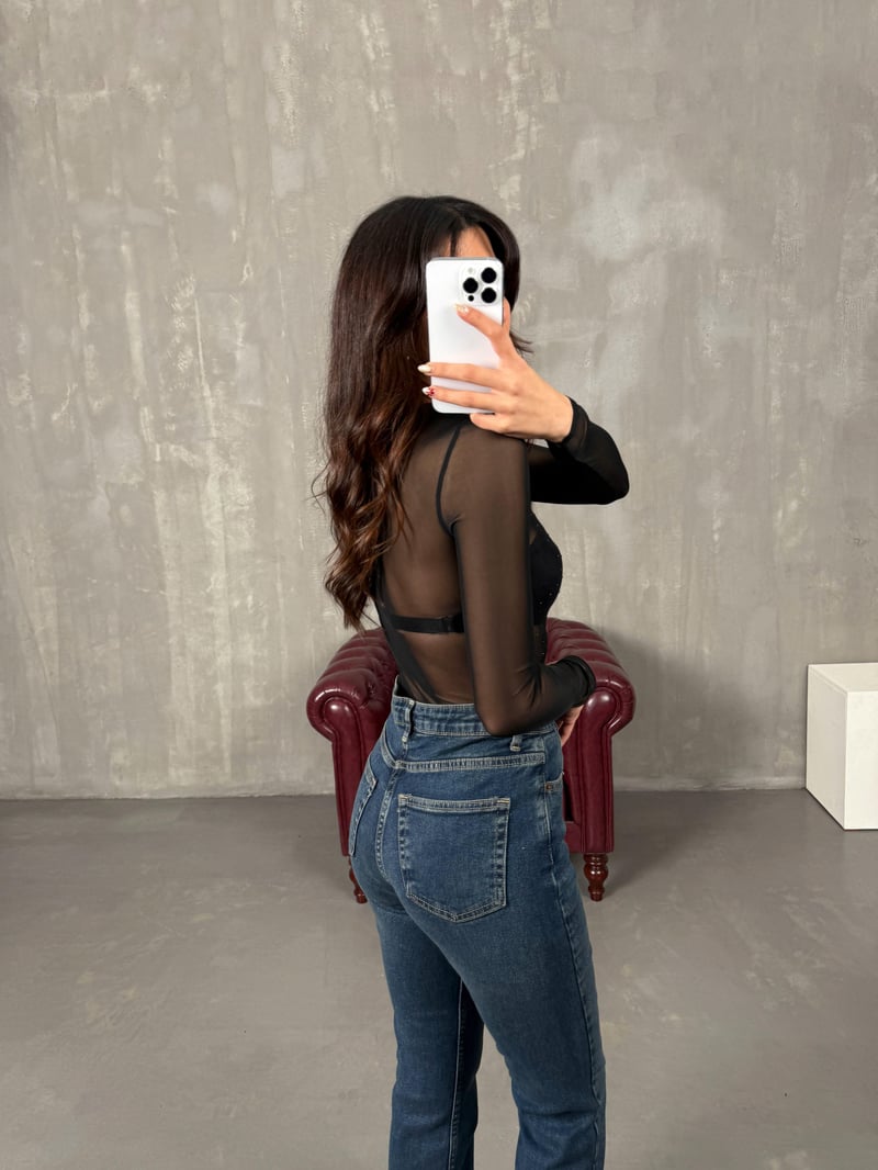 Reyya Siyah Taşlı Transparan Bodysuit 