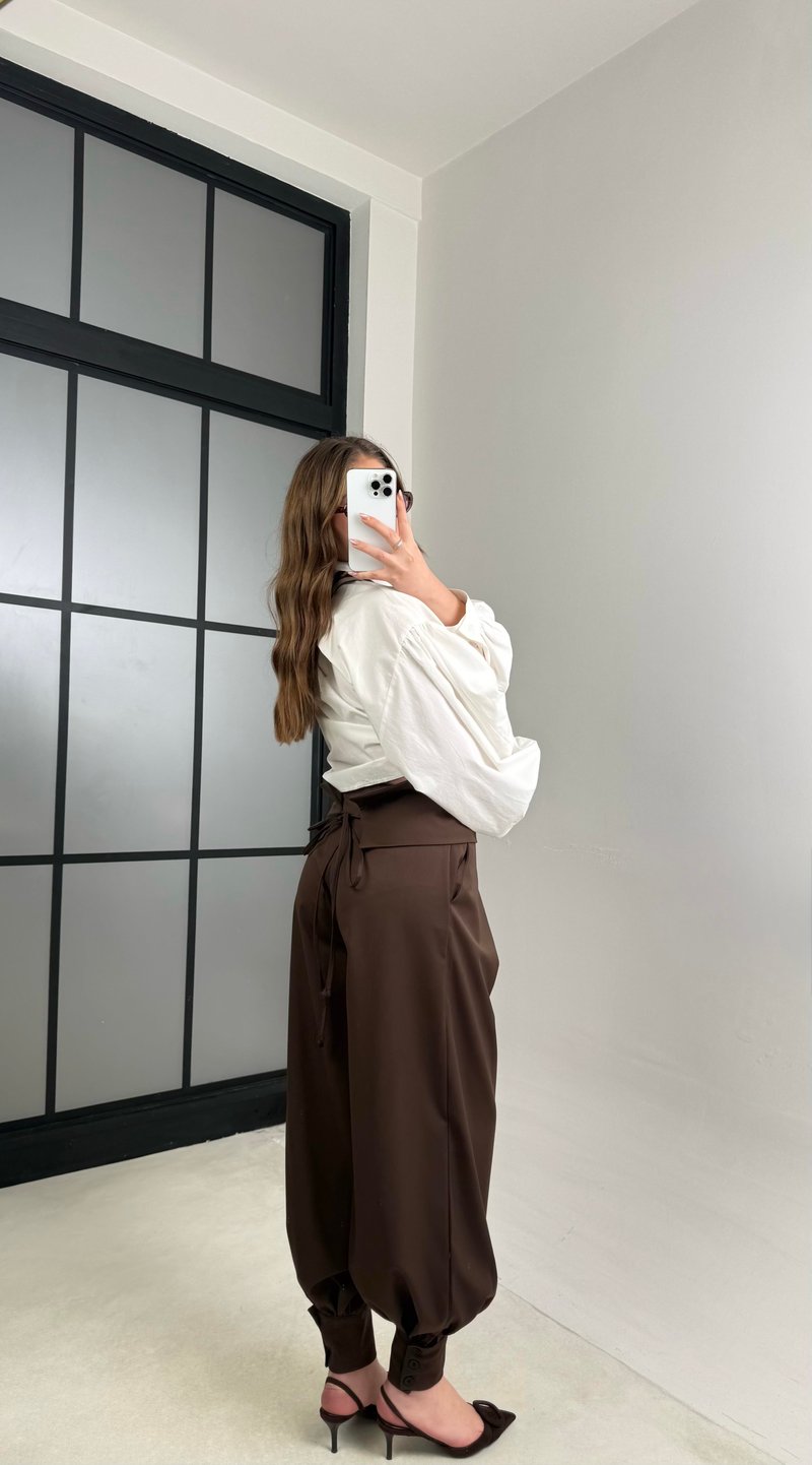 Acı Kahve Kuşaklı Tasarım Şalvar Pantolon GAUS-01118